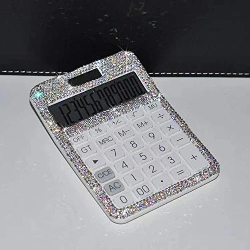 Calculator Rhinestone Crystal Dazzling 12 Digit Solar And Battery Dual Power LCD Display For Office, School White