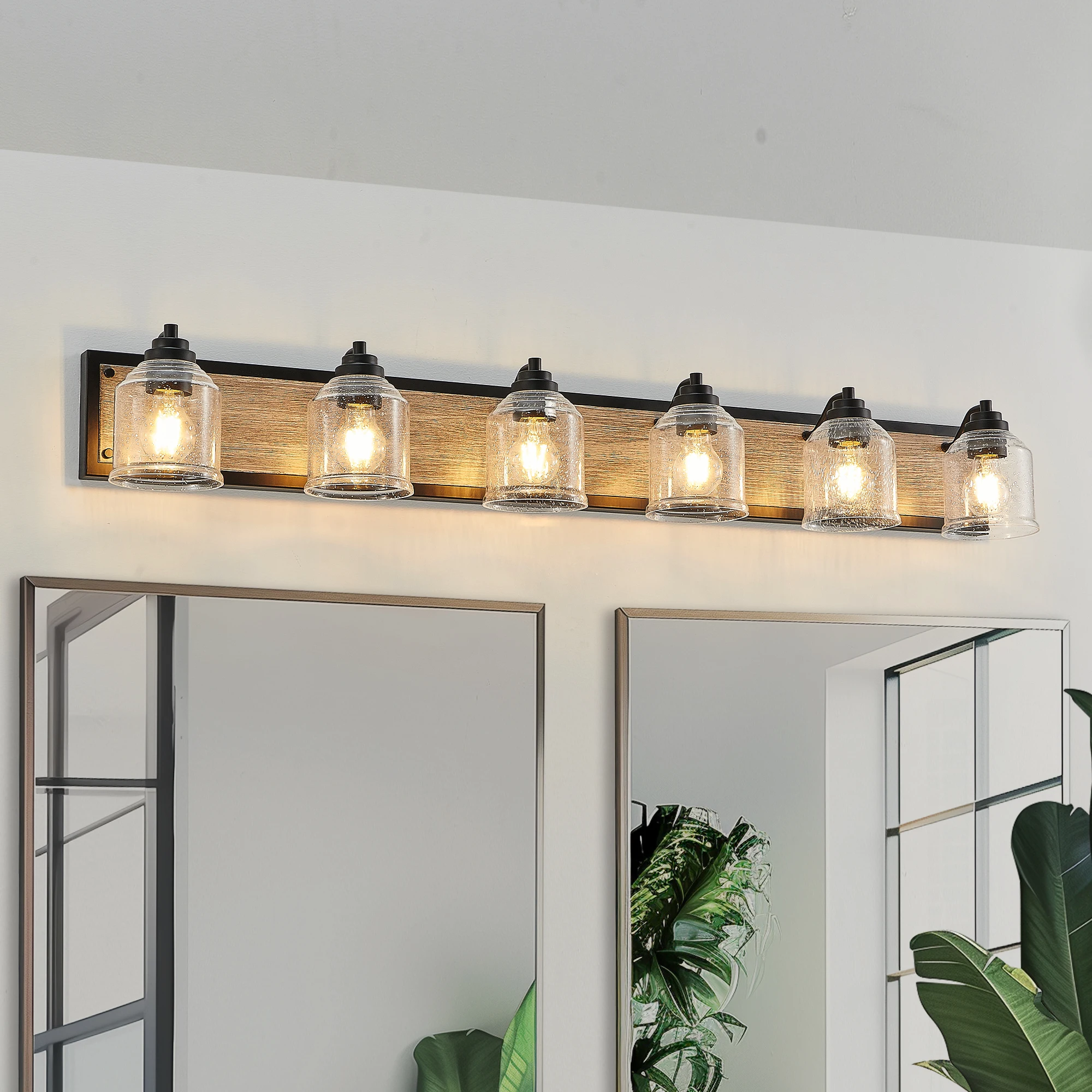 Modern 6-Light Vanity Light Bracket Light Wall Source Black Finish with Clear Seeded Glass Shade Bathroom Powder Room Mirror