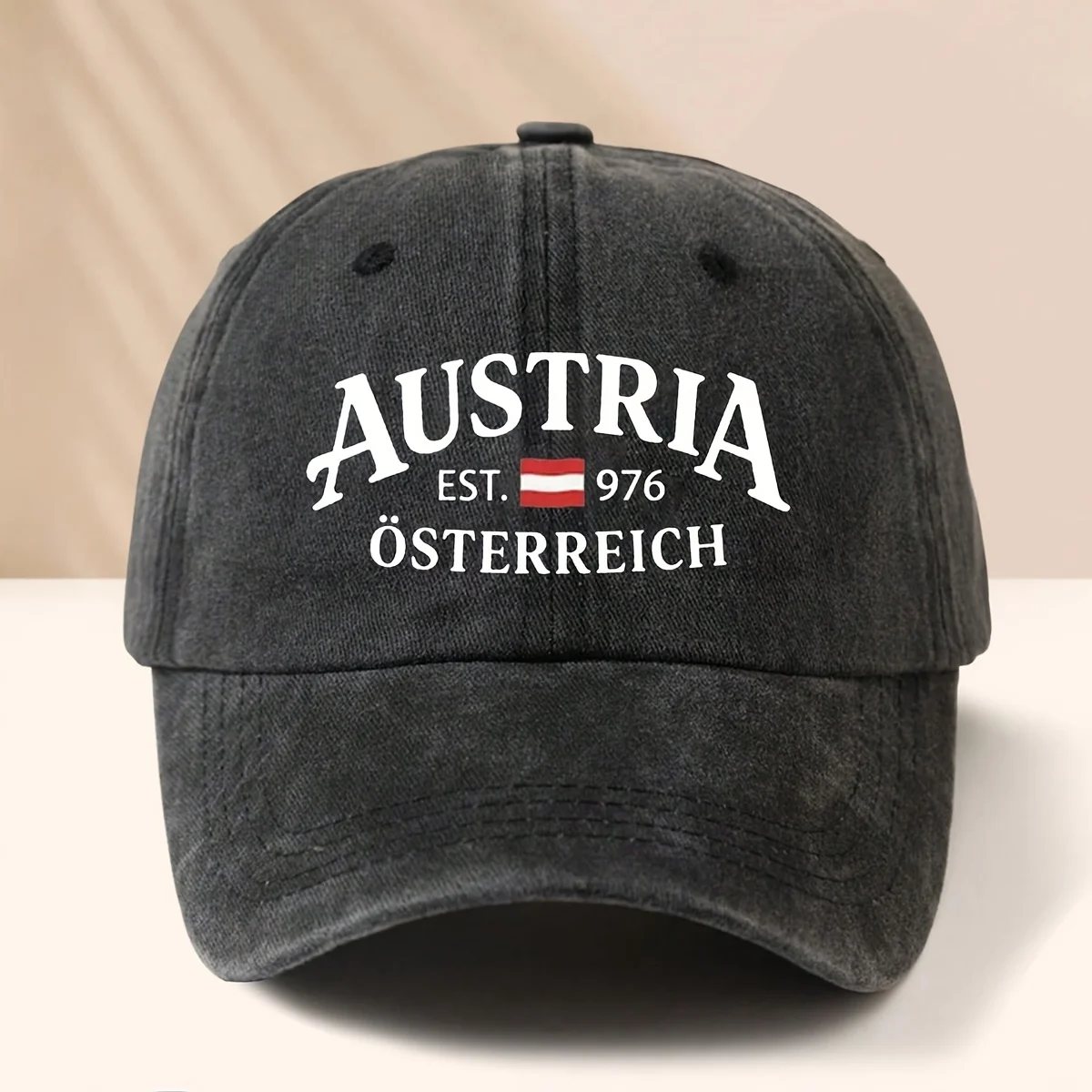 

1pc of Washed Cap with Austrian Flag Letter Print, Cool Hippie Curved Brim Cap, Suitable for Daily Commuting, a Must-have Unis