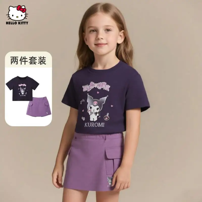 

Футболка Sanrio для девочек, 2 шт., летние шорты с короткими рукавами Kuromi для девочек, модные милые шорты среднего и большого размера для девочек
