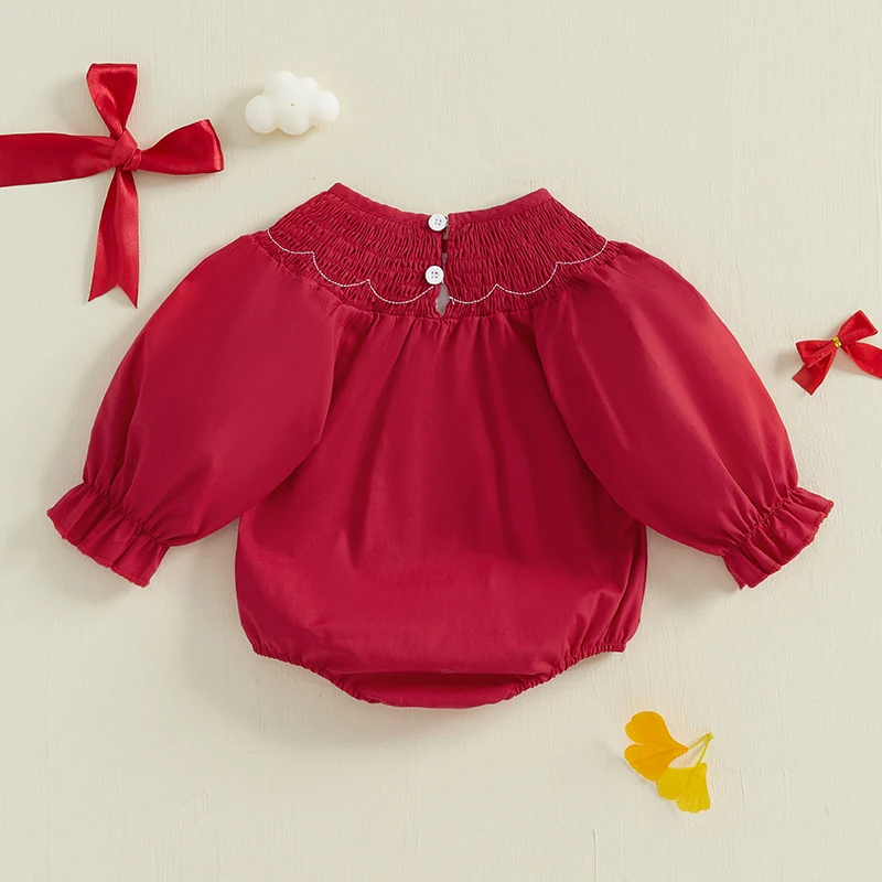 Newborn Toddler Baby Girl Clothes Bow Embroidery Crew Neck Smocked Long Bell Sleeve Bubble Romper