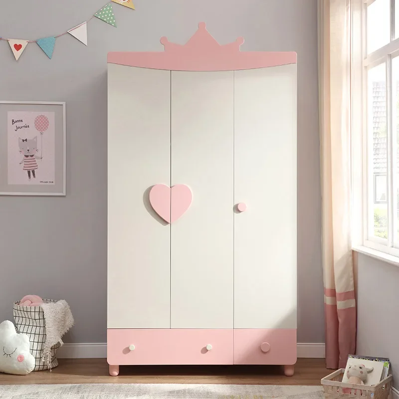 Simple small bedroom three-door children's wardrobe girl princess storage wardrobe wooden