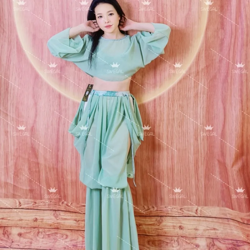 مخصص swegal 4 قطع ملابس الرقص الشرقي ممارسة الرقص الشرقي زي الشيفون فانوس السراويل الشرق الأوسط زي المياه الخضراء