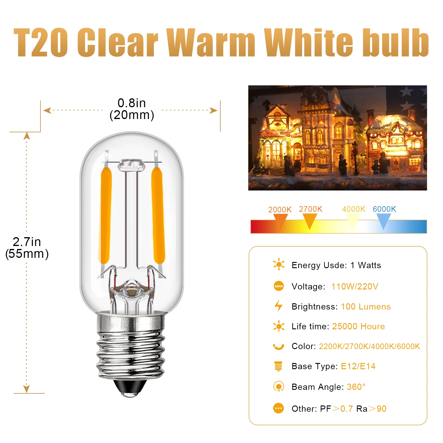 Ampoule Led Vintage T20 220V E14 E12 110V 1W, blanc chaud remplaçable pour lustre pendentif lampe à sel veilleuses lumière de décoration