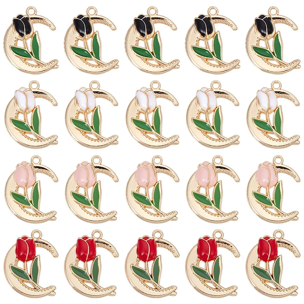 24Pcs 4 Colors Alloy Enamel Pendants Golden Moon with Rose Charm Mixed Color 20.5x16x3.5mm Hole: 1.5mm 6pcs/color