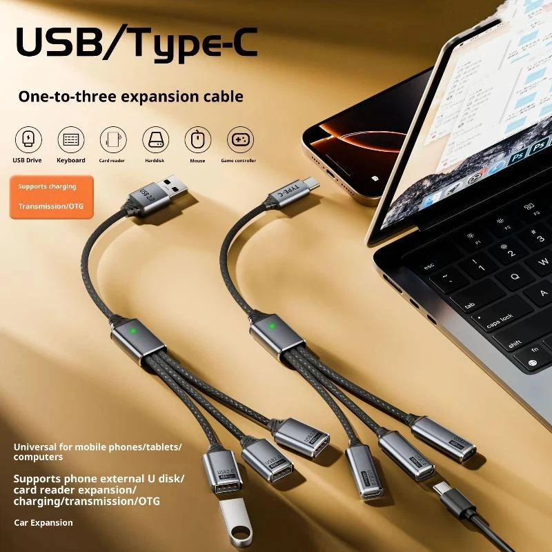 USB /Type C Splitter Cable 3 In 1 Multi Ports Male To Female Adapter Cord Charging Cable 480Mbps High-speed Data Transfer Wire