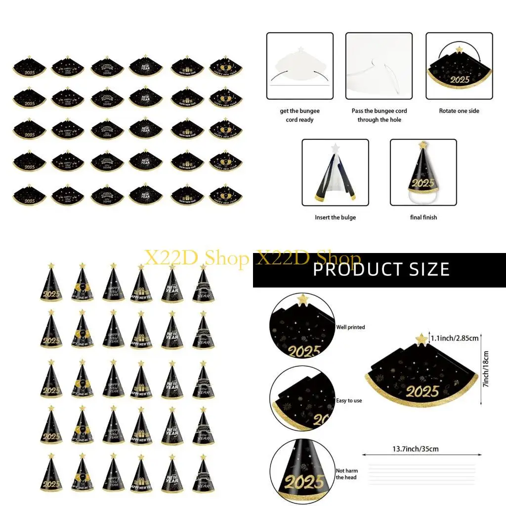 

X22D упаковка из 30 элегантных новогодних шапок для вечеринок, стильные повязки на голову 2025 для детей, красочные головные