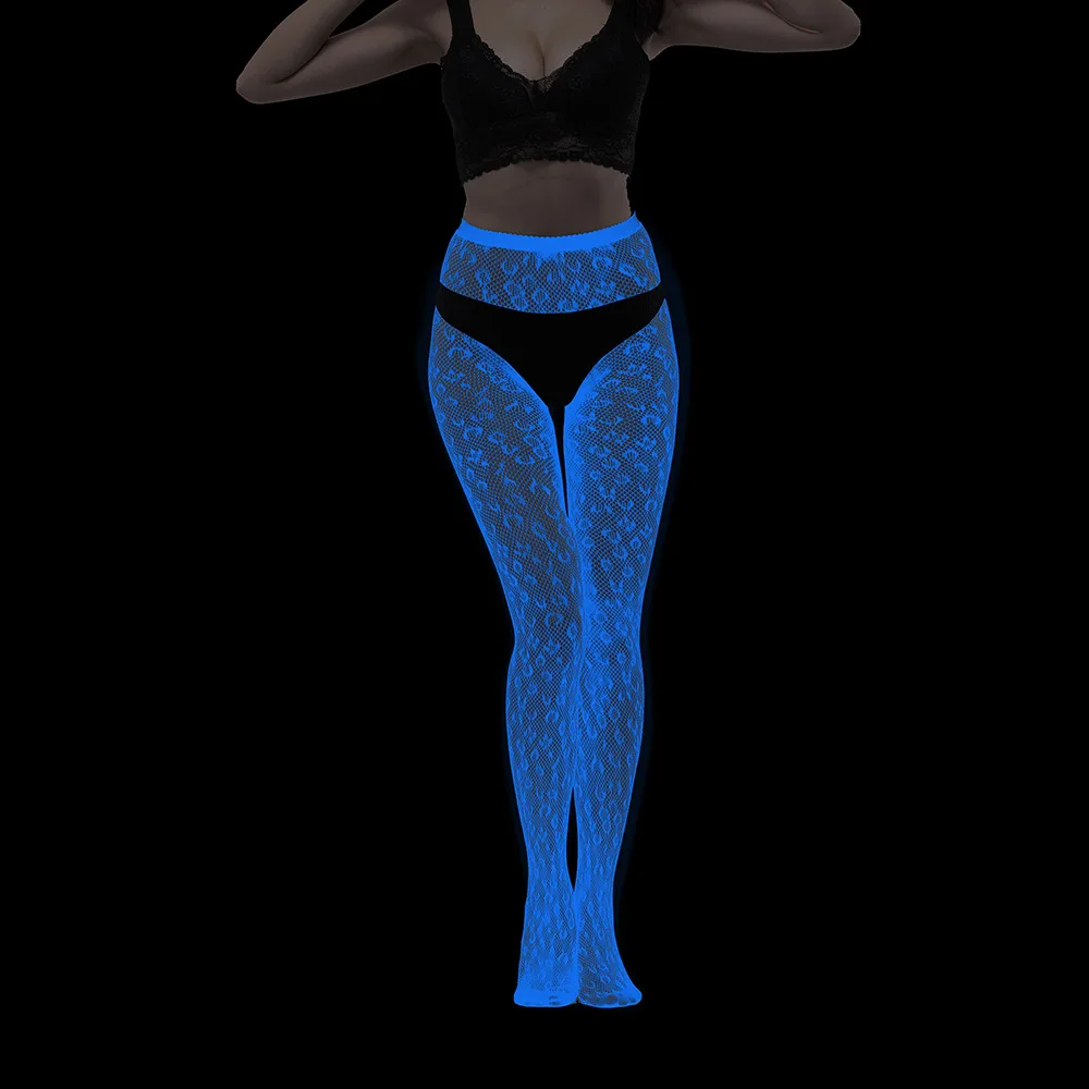 متوهجة الأزرق في الظلام المرأة مثير الجورب بوديستوكينج المثيرة Underwerar جوارب طويلة جوفاء شبكة السمك الجورب