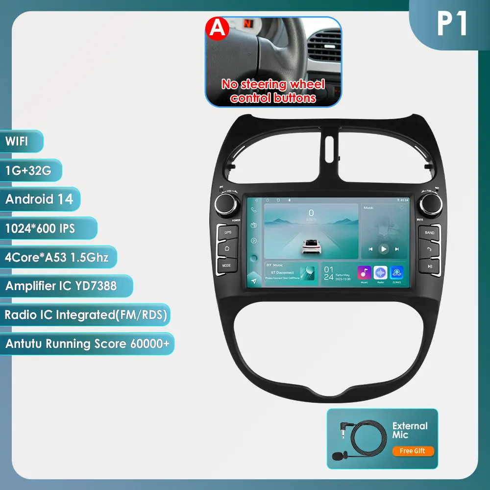 7 inch Android autoradio voor Peugeot 206 206CC 206SW 2000 - 2008 Multimedia Carplay speler 2Din stereo autoradio navigatie GPS WIFI