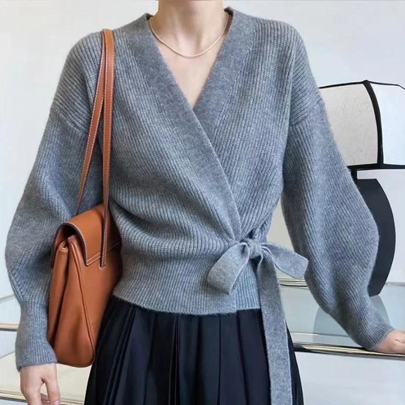 Autumn Winter Women Casual V Collar Loose Knitted Pullovers Bandage Knitted Sweater Bow Bandage Female Beige Black Grey Jumper