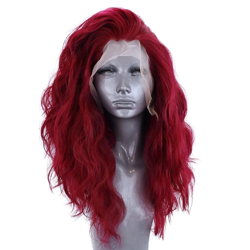 Red Long Wavy Lace Front Wigs for Women Hair Synthetic Lace Front Wig Natural Wave Wigs Side Part Bangs 16 Inches