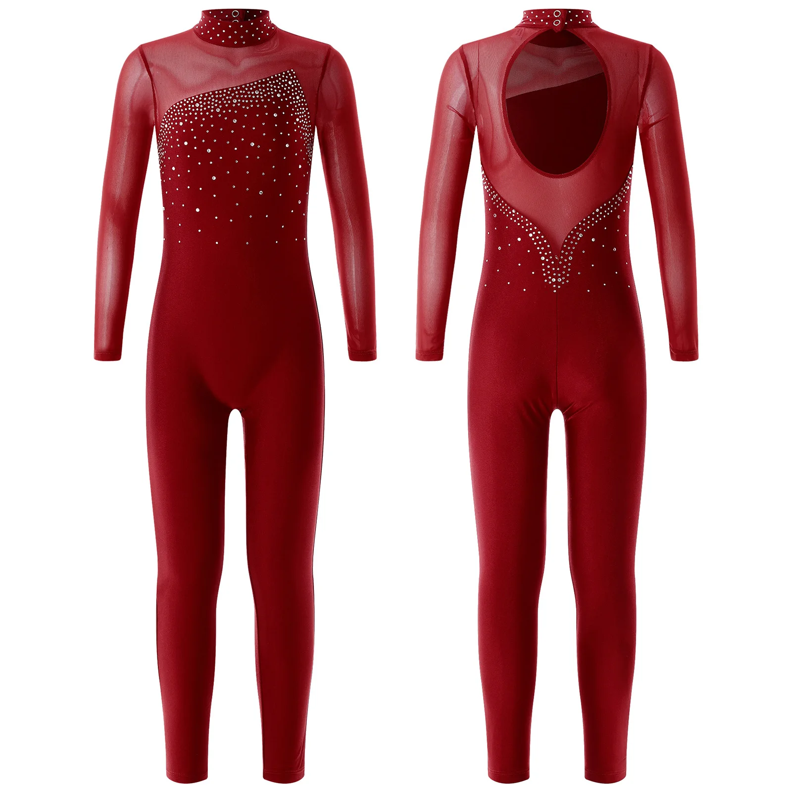 Girls Dance Unitard Long Sleeve Figure Ice Skating Jumpsuit One Piece Bodysuit Performance Full Body Gymnastic Leotard Dancewear