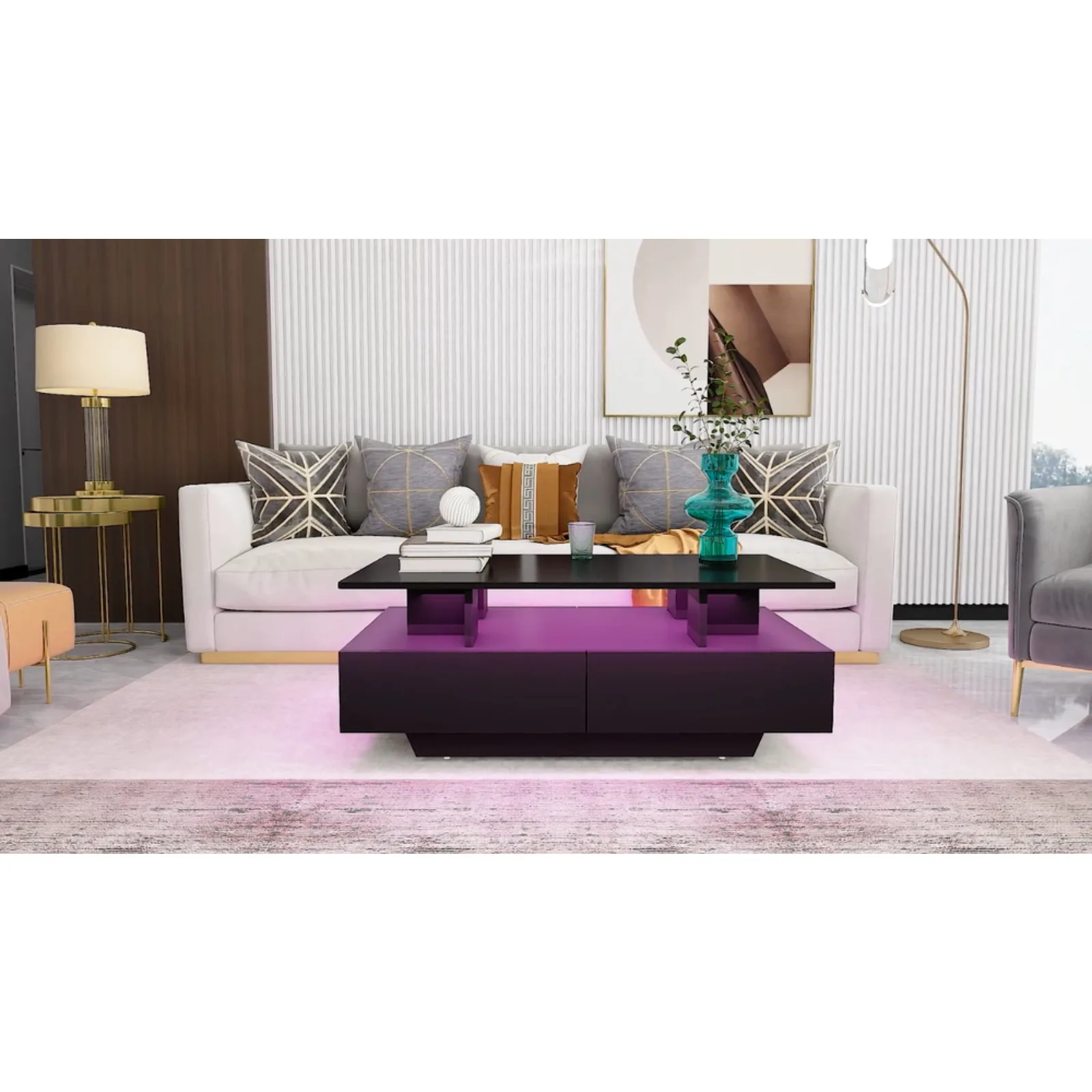 US High Gloss Coffee Table Center Cocktail Table with LED Lights & Sliding Drawers