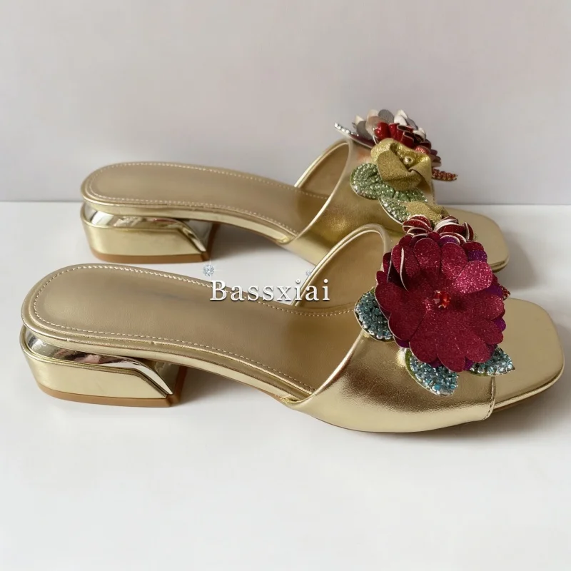 Colorful Sequins Diamond Flower Women's Mules Summer Slip-on Open Toe Concise Style Outwear Slippers view 2
