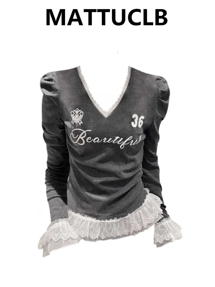 

2200, осень-зима, женские футболки Y2k Ballet Core Top Coquette Gyaru, кружевные футболки с v-образным вырезом, Shoujo 2000-х годов, новый корейский дизайн Kpop