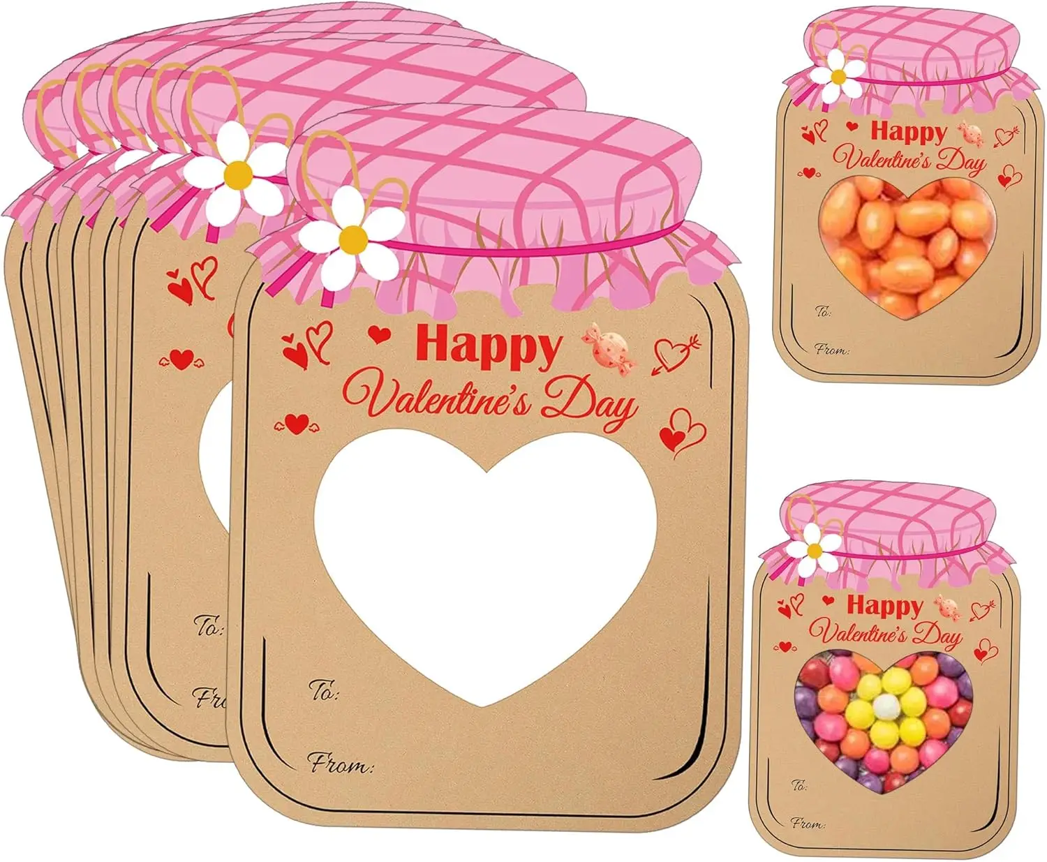 Valentines Day Cards for Kids 54 Pcs Mason Jar Happy Valentine's Day Card Paper Candy Holder Card