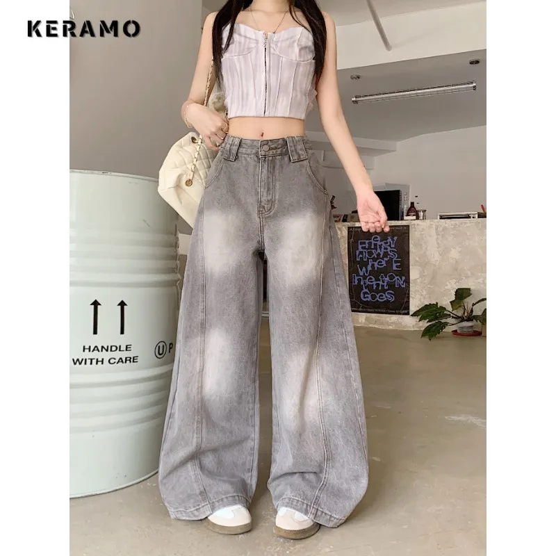 

Повседневные минималистичные уличные джинсовые брюки в стиле ретро 2000-х годов, женские винтажные потертые брюки в стиле гранж с высокой талией Normcore Y2K, мешковатые джинсы