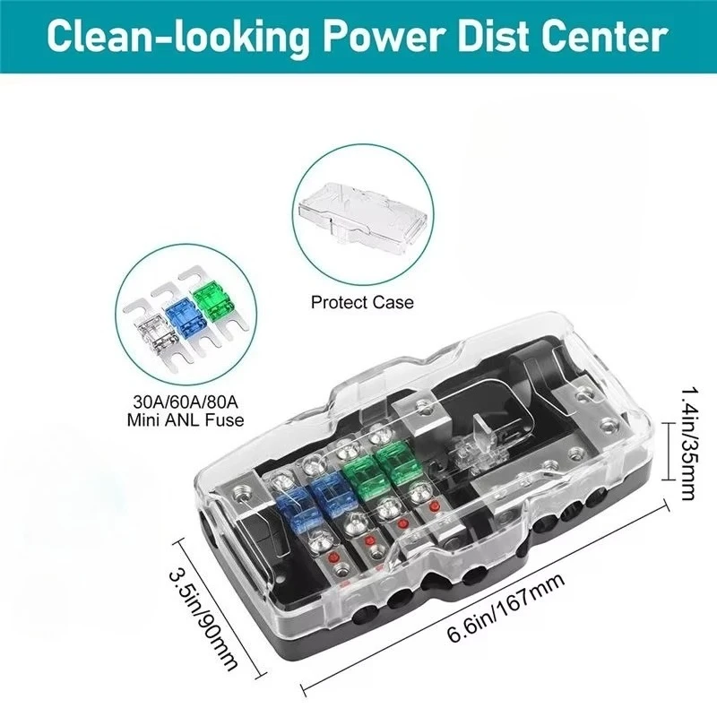 1 juego de bloque de distribución de energía, bloque de distribución de energía con fusibles para sistemas de audio de automóviles, bloque de fusibles MIDI de 4 vías para sistemas de sonido de automóviles, vehículos todoterreno, embarcaciones y amplificadores LED.