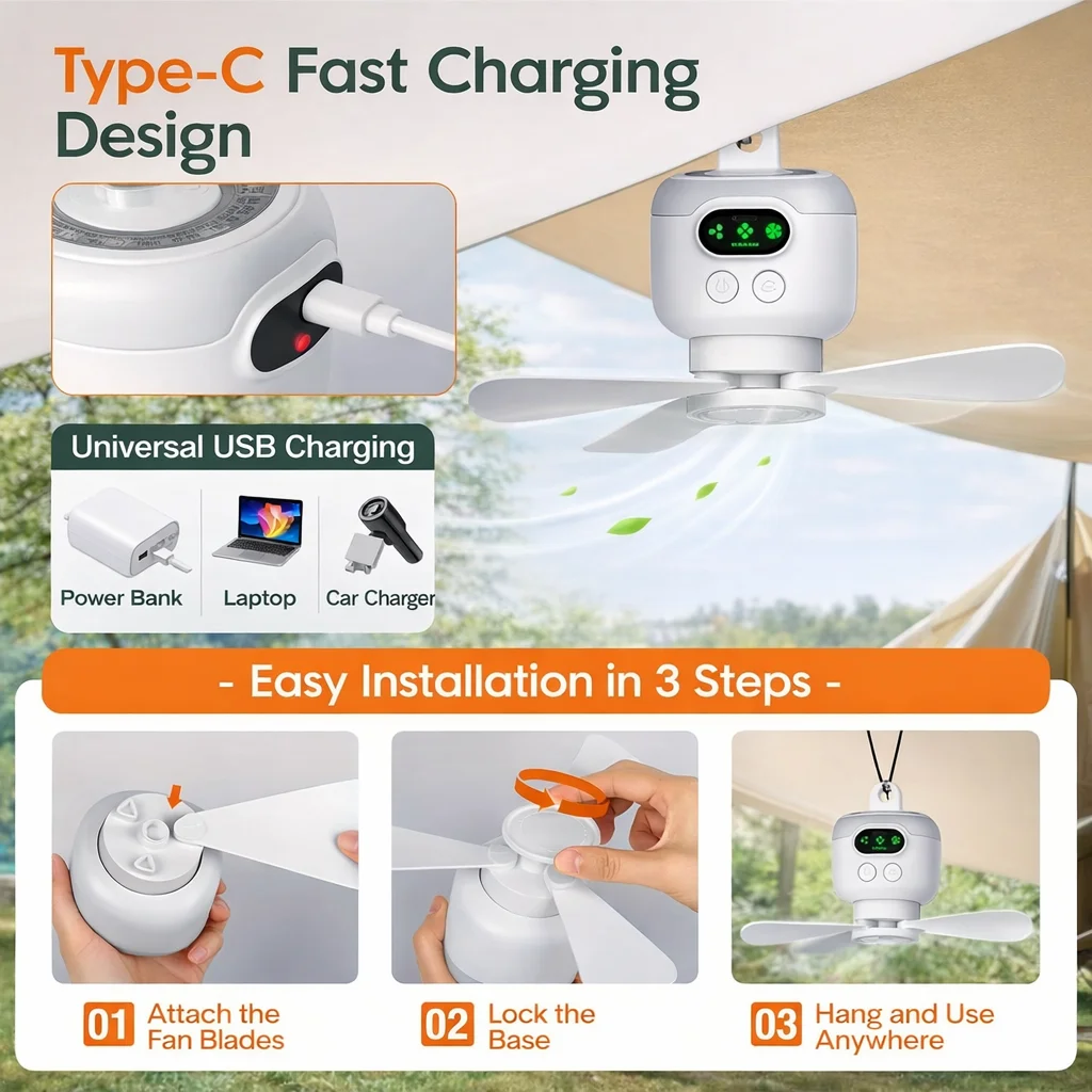 Portable Hanging Ceiling Fan USB Powered / Rechargeable Mini Quiet Cooling Fan for Camping Tent Bedroom Outdoor Travel Use