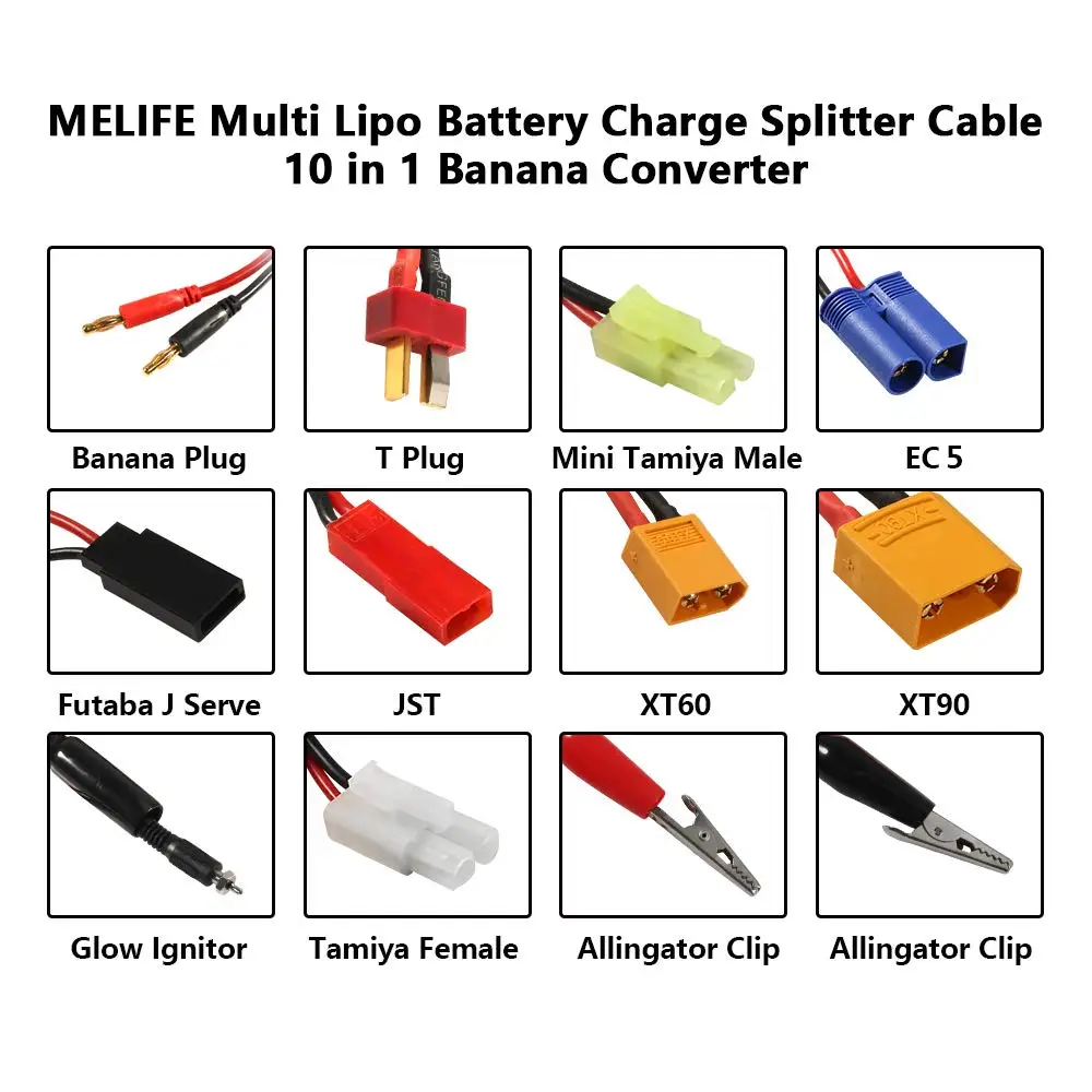 10 in 1 RC Lipo Battery Multi Charger Adapter Lead Cable 4.0mm Banana Plug to JST/T-Plug/XT60/XT90/EC5 for Toy XT60, XT90