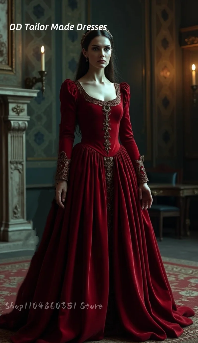 

Vintage Baroque Evening Dresses Scoop Neckline Long Sleeves Satin Renaissance Prom Occasion Gown Masquerade Costume Customized