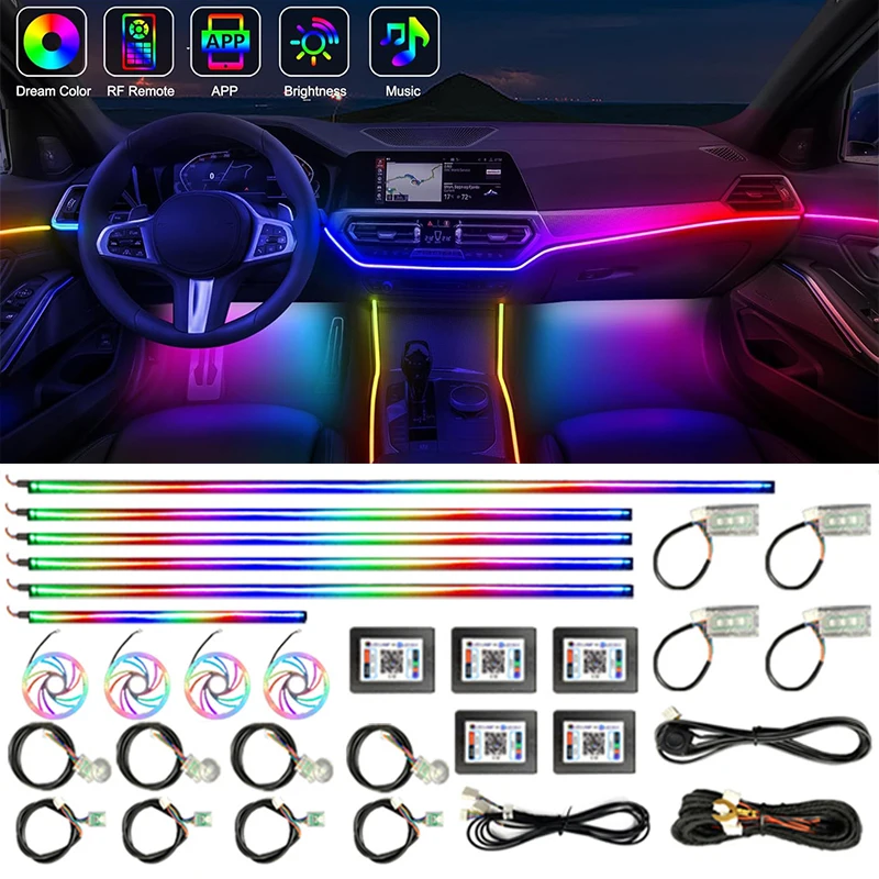 64 RGB LEDCar Ambient Neon Lights Strips Acrylic Atmosphere Rainbow Auto App Contro Lamps Symphony Colorful Universal Lighting