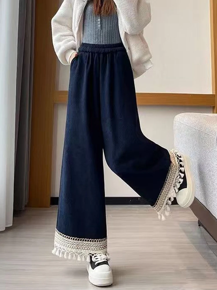 코듀로이 와이드 레그 팬츠 여성 빈티지 하이웨이스트 태슬 두꺼운 캐주얼 바지 가을 겨울 한국 심플 오피스룩 신상 팬츠
