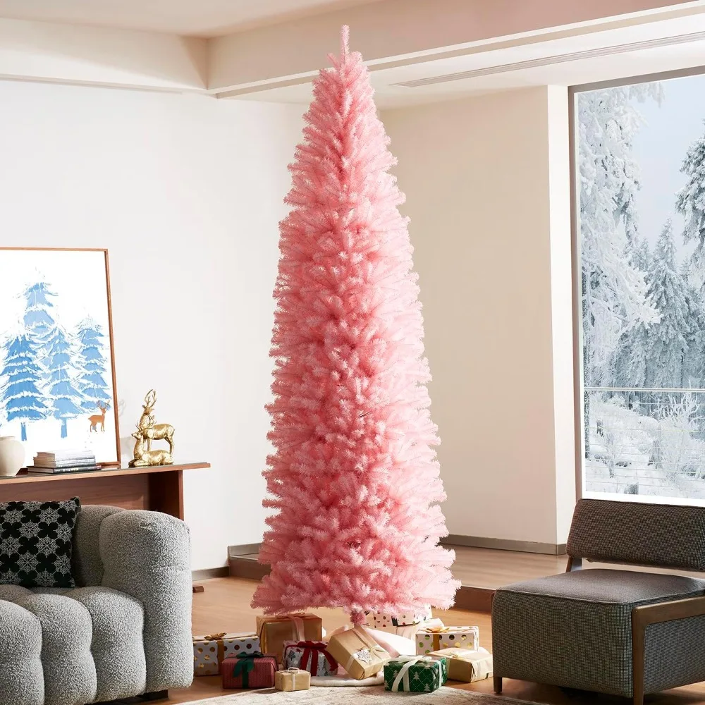 9-foot Pink Christmas Tree, Holiday Hinge Christmas Tree with Metal Folding Bracket, Suitable for Families and Parties