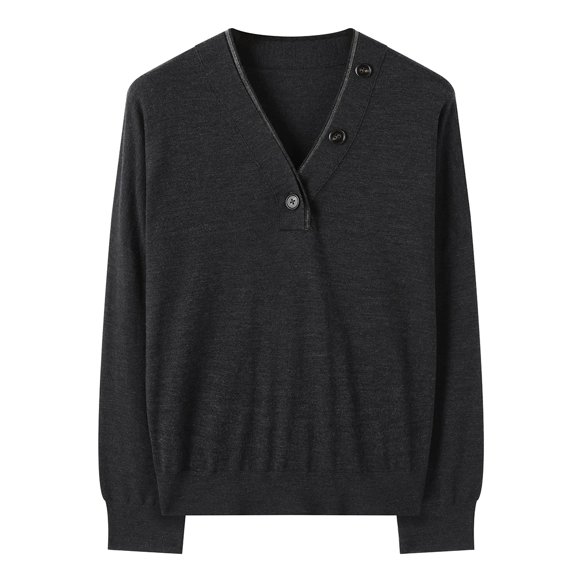 BD4521230 Suéter feminino 100% lã manga comprida com decote em V e botões decorativos para outono