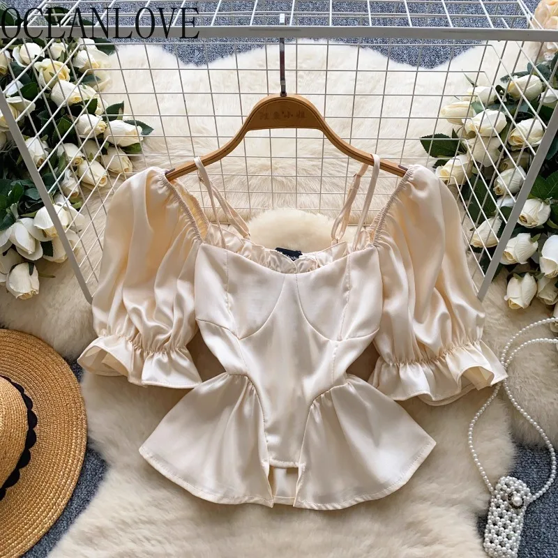 

OCEANLOVE Satin Blouses Ruffles Puff Sleeve Solid Spring Summer Women Shirts Korean Fashion Elegant Vintage Blusas Feminina