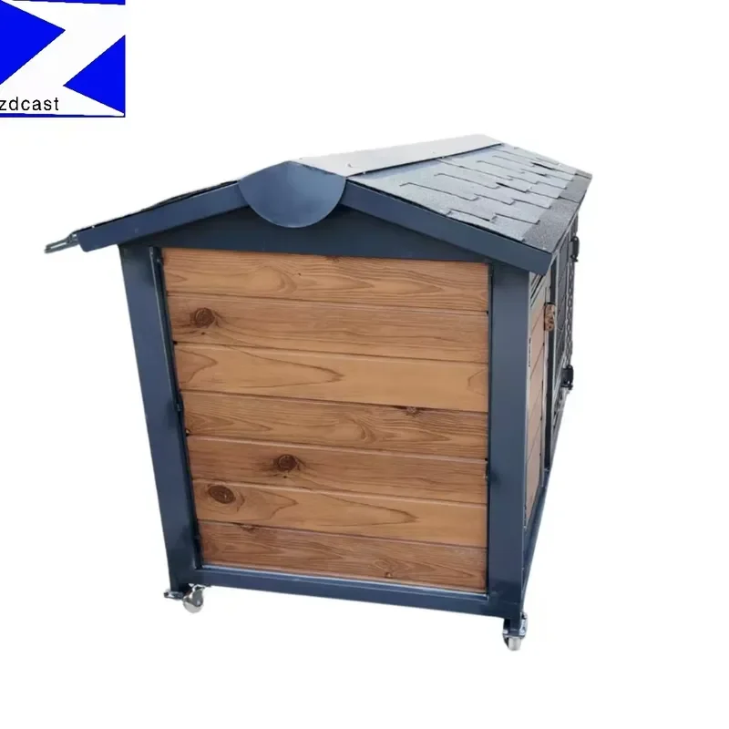 Foldable Dog Cage with Stainless Steel Frame and Wooden Roof Double Door Waterproof Pet House for Small Large Dogs Indoor