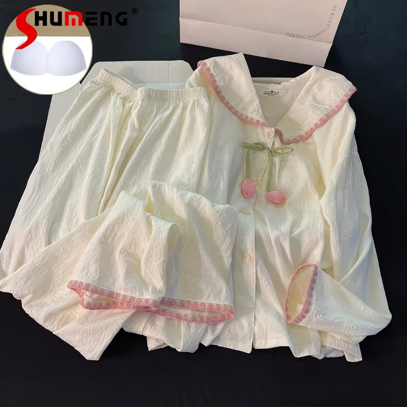 

Розовые пижамы с цветочным принтом для женщин, новые милые весенне-осенние нагрудные подушечки, комплект домашней одежды, женская японская свободная одежда из чистого хлопка