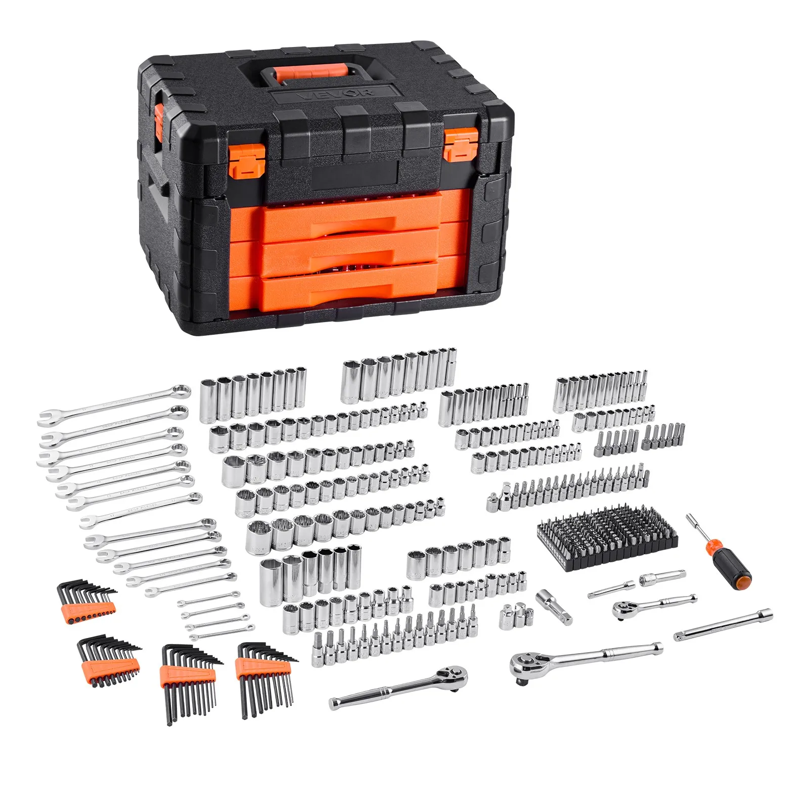 

VEVOR Mechanics Tool Set Socket Set 450Pcs 1/4 3/8 1/2 in Drive Orange Drawer