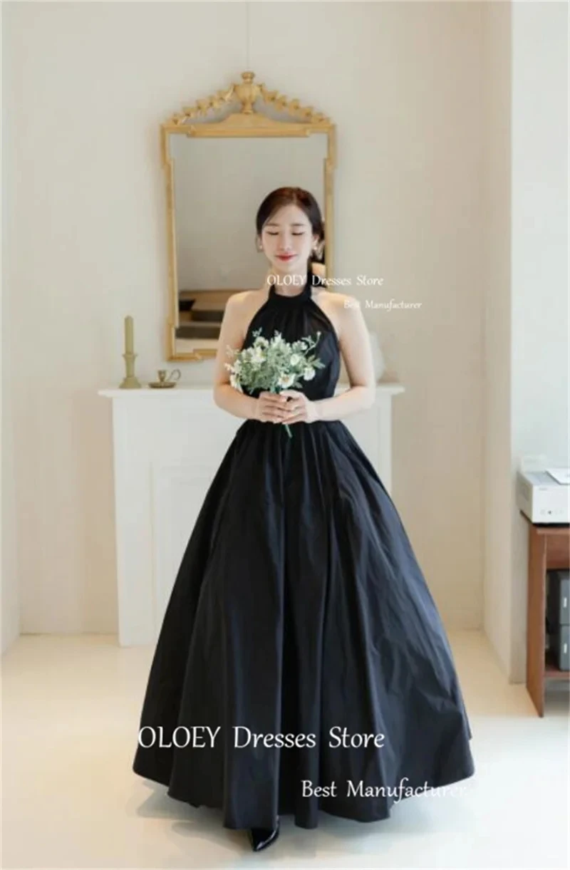 Giyu Black Taffeta A Line Evening Dresses For Korea Women Halter Pleats Backless Sexy Prom Gowns Formal Party Dress Corset Back