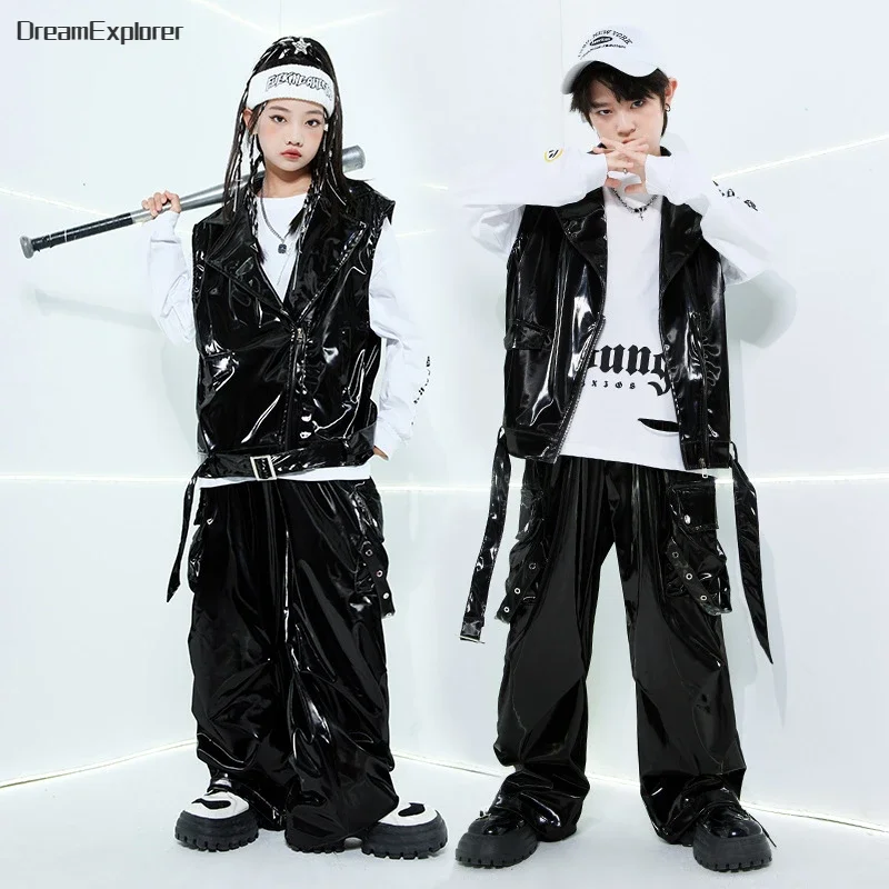 Boys Hip Hop Pu Leather Motorcycle Vest Cargo Pants Girls K-pop Street Dance Waistcoat Kids Clothes Sets Children Cool Costumes