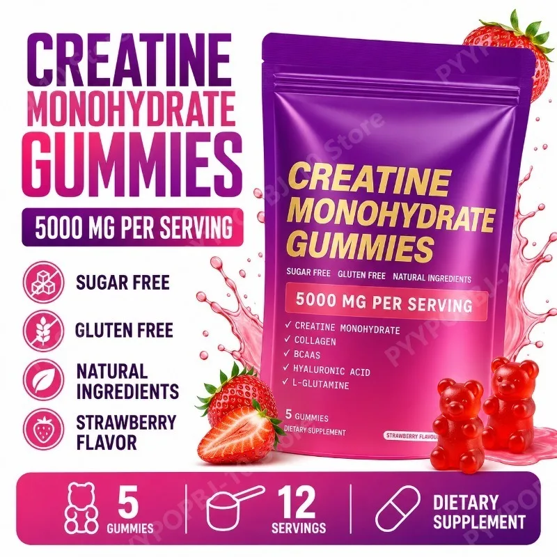 

60 Count Creatine Monohydrate Gummie with Collagen Biotin Vitamin D3 Hyaluronic Acid Daily Pre & Post Workout Recovery Support
