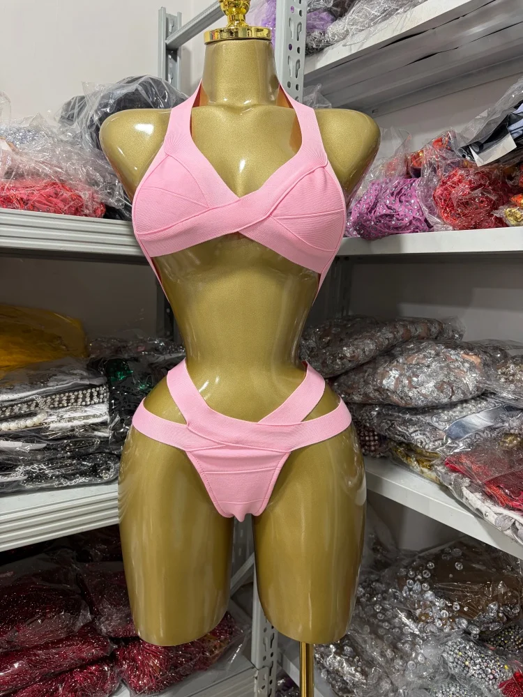 Summer 2026 Women's New Pink Halter Top + High Waist Shorts Two-Piece Strap Bikini Set