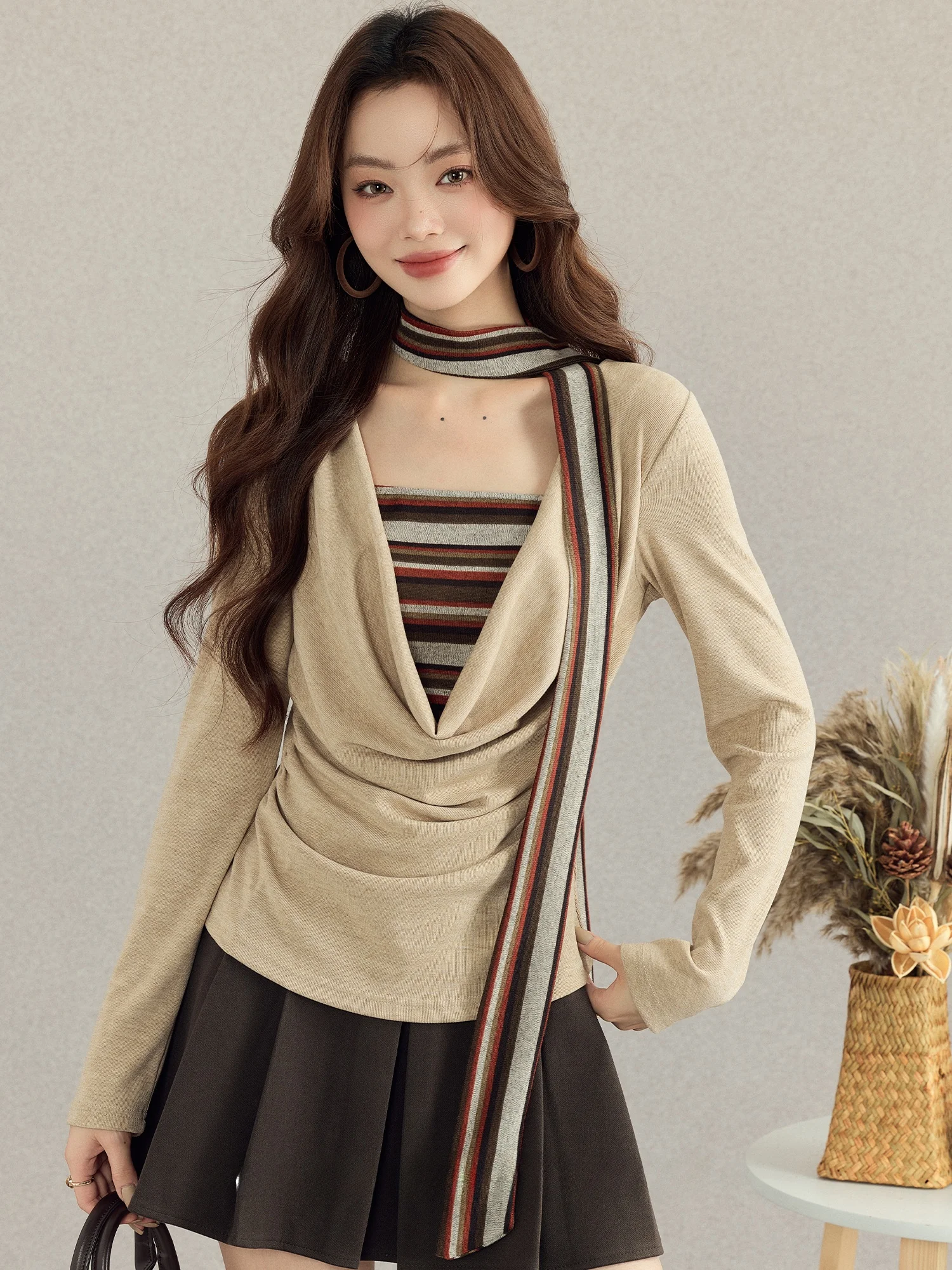 

Striped Knitted Long Sve Fake Two-Piece T-irt Women's Autumn Winter Design Casual Slim Fit Knitwear V-Ne Ladies Top