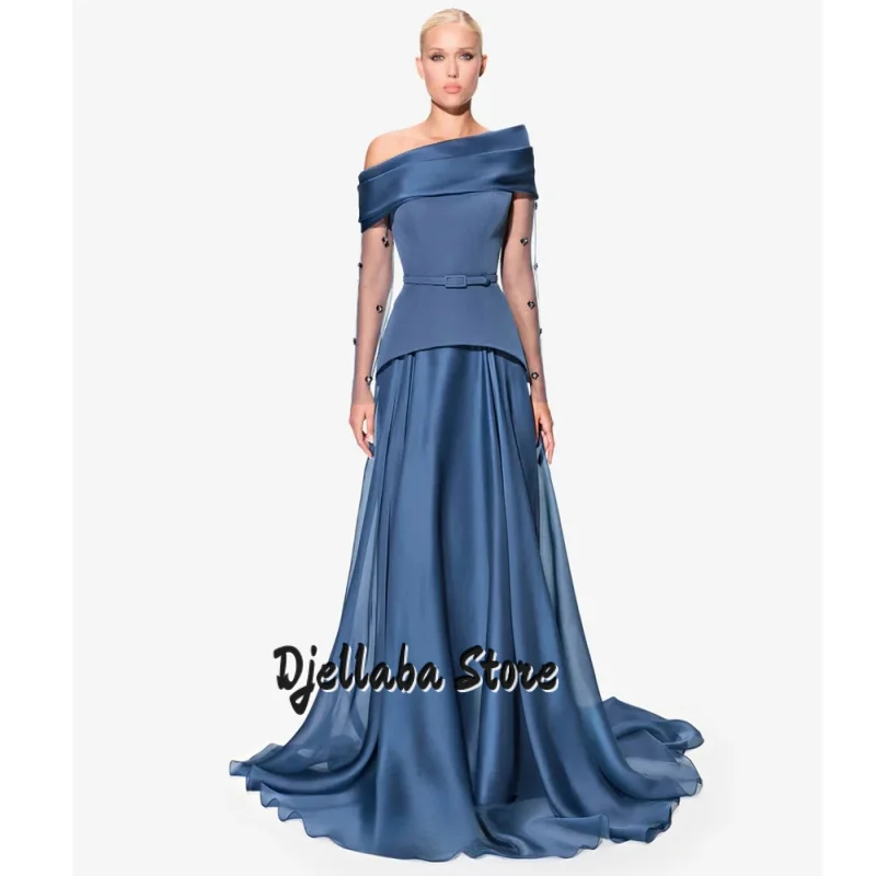 단정한 여성용 이브닝 가운, 오프숄더 미스티 블루 럭셔리 파티 가운, 맞춤형 A라인 드레이프 정장 이브닝 드레스