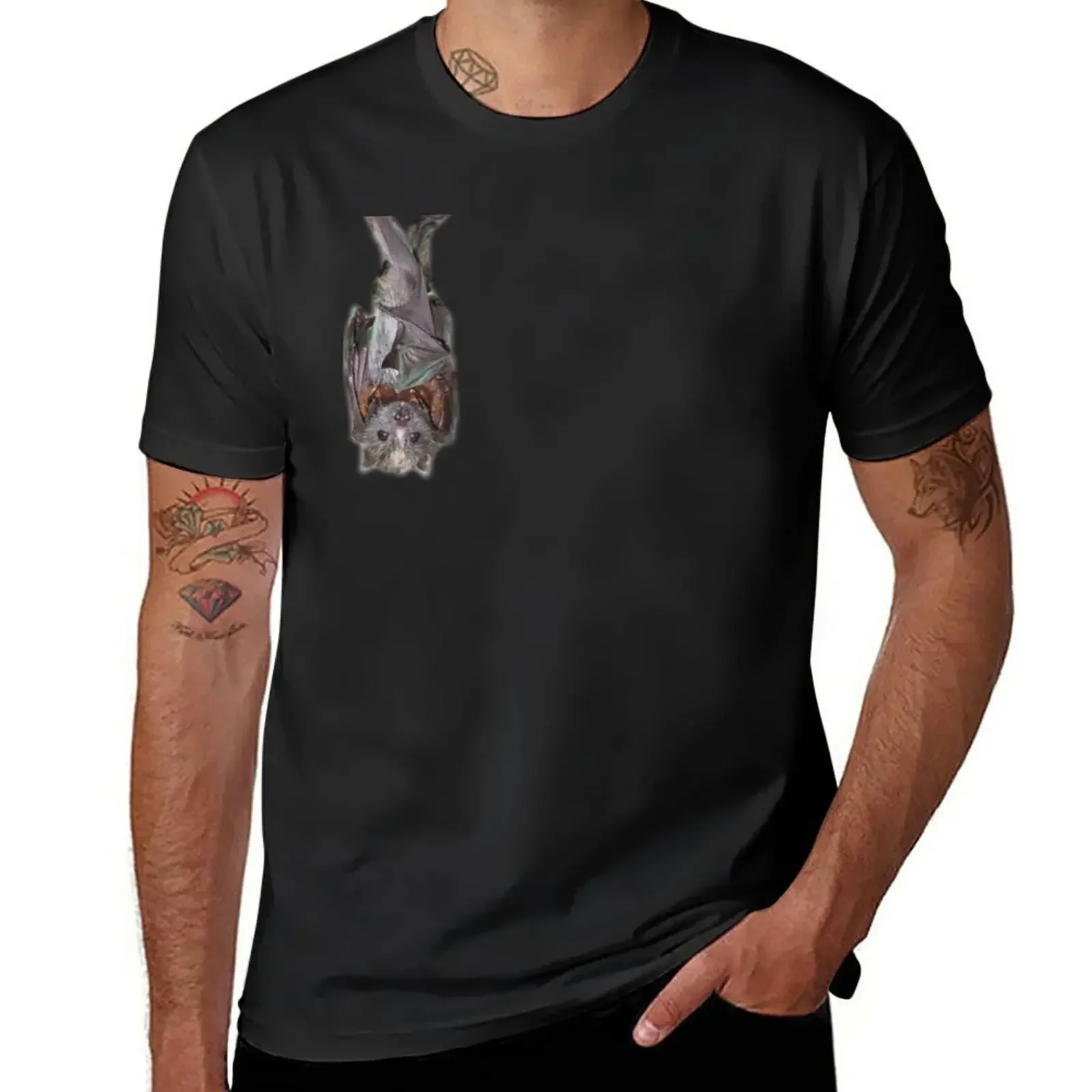 Bat Hanging Off Shoulder . T-Shirt graphics customizeds summer tops fruit of the loom mens t shirts