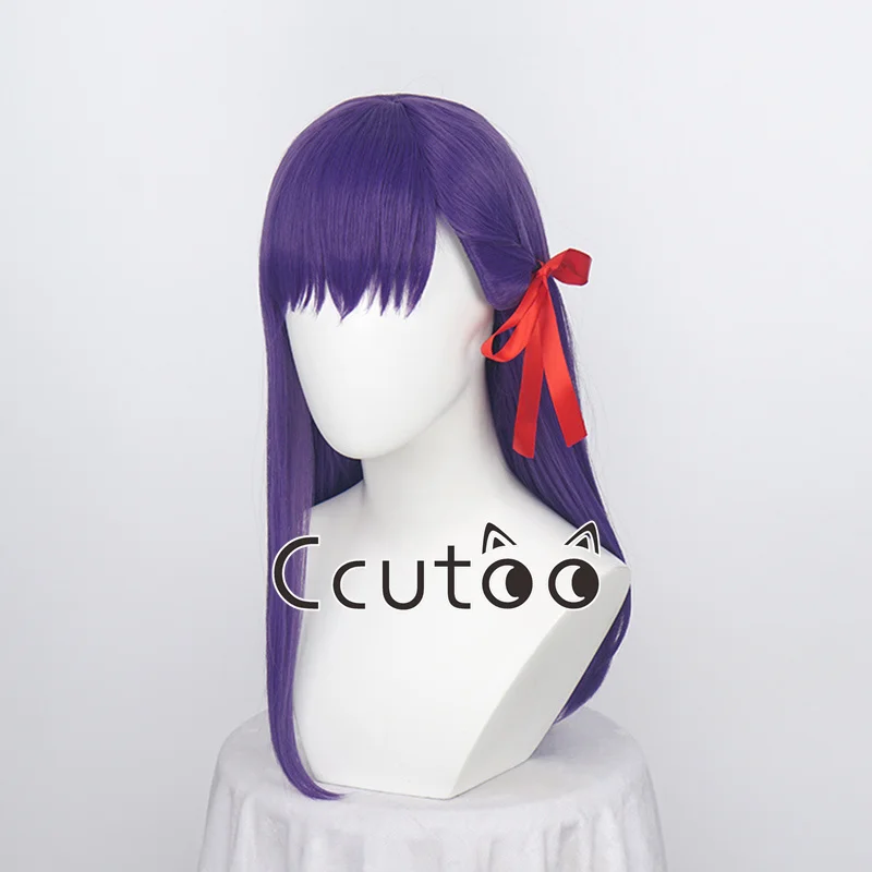 Anime Fate/Stay night Matou Sakura 50cm Half Long Dark Purple Synthetic Hair Cosplay Wig including the red ribbon