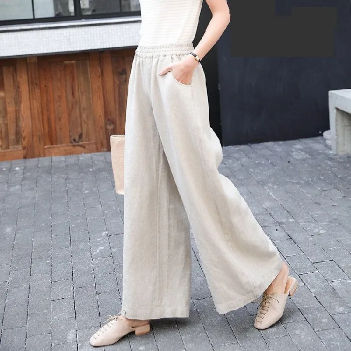 กางเกงขายาวเอวสูงผ้าฝ้ายลินินทรงขากว้างสำหรับผู้หญิง สไตล์ลำลอง ทรงตรง หลวม สบาย ความยาวเก้าส่วน