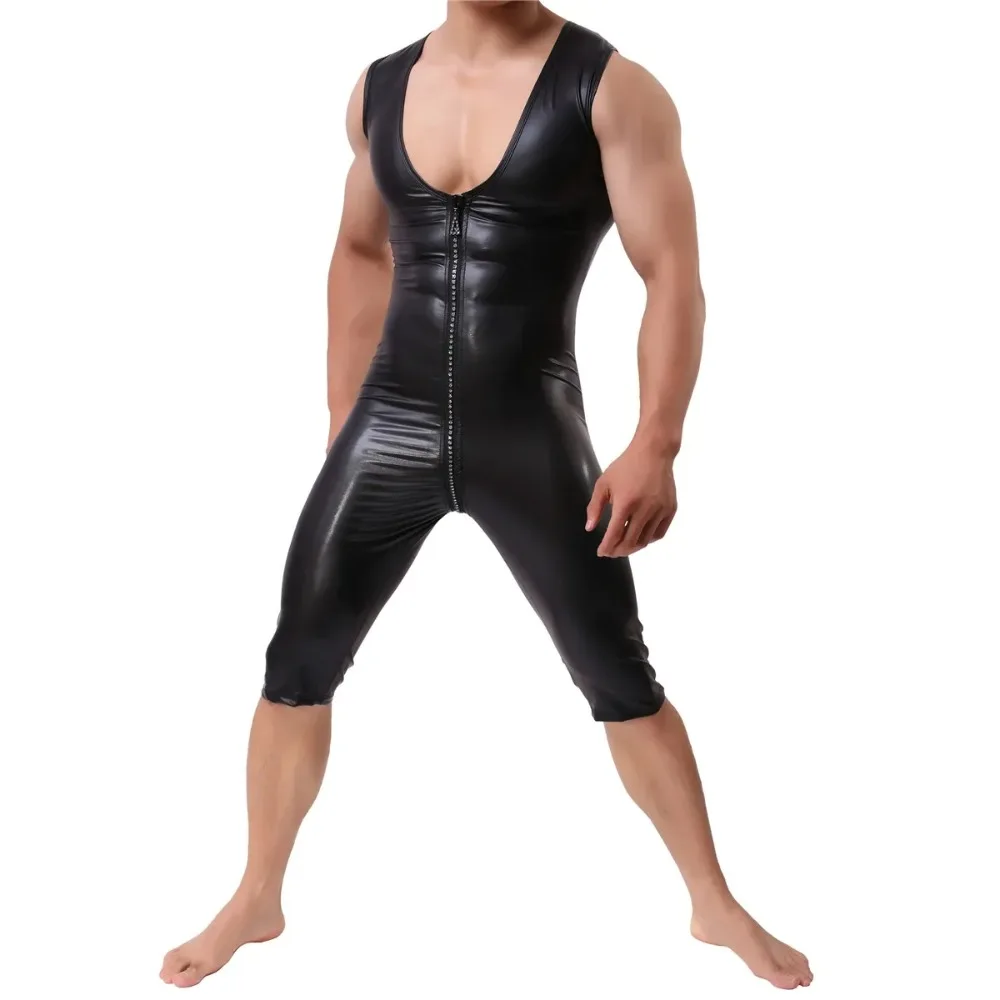 Sexy Men's One-piece Wrestling Singlet PU Leather Bodysuits Sleeveless Rompers Zipper Open Crotch Leotard Jumpsuit Undershirts