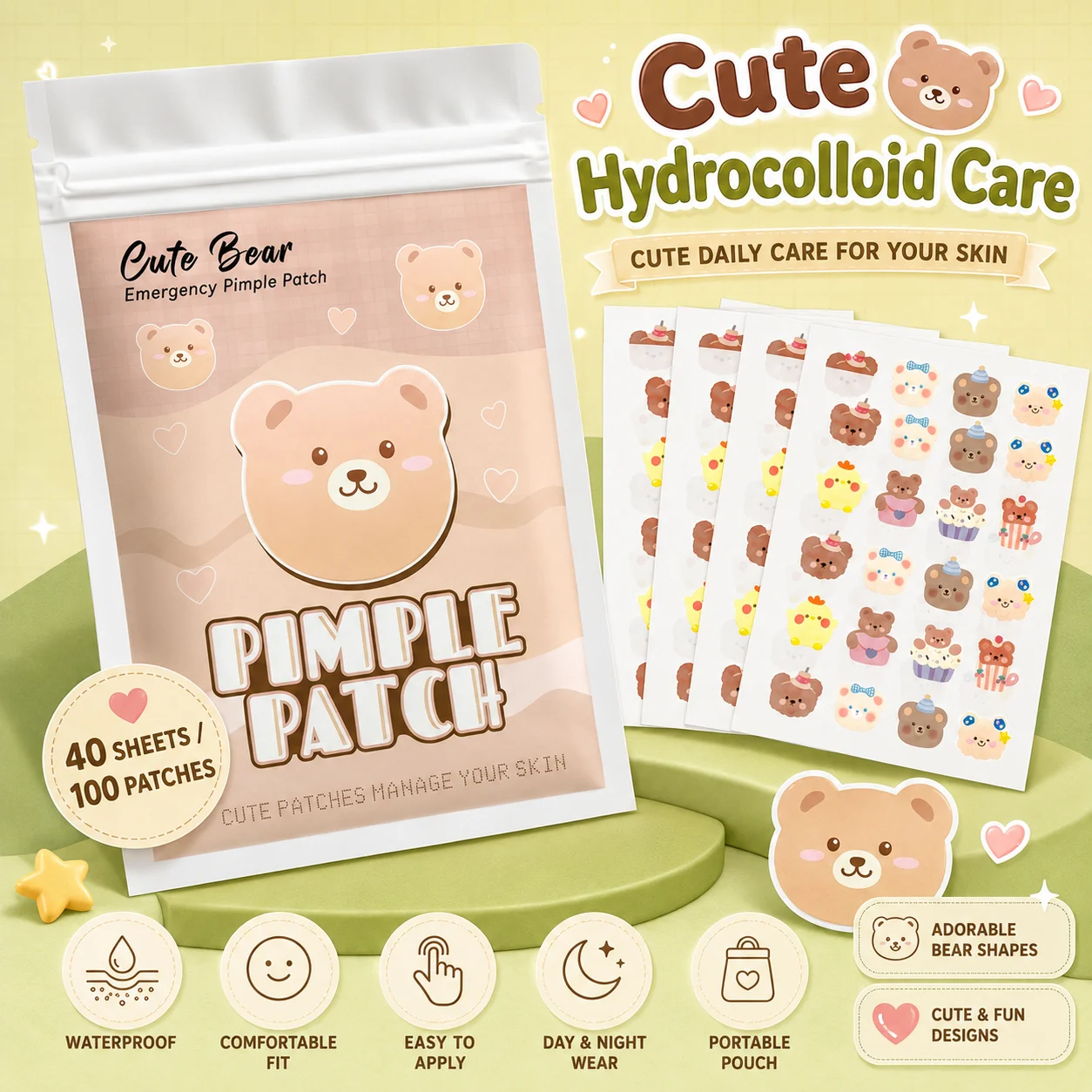 40/100PCS Cartoon acne patch, cute cat-shaped facial concealer acne patch, safe, non-toxic, gentle and non-irritating