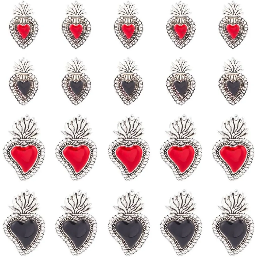 20 Pcs 2 Styles Alloy Heart Charms, Enamel Sacred Heart Pendant Antique Silver Metal Charms Mixed Color Vintage Charms Bulk