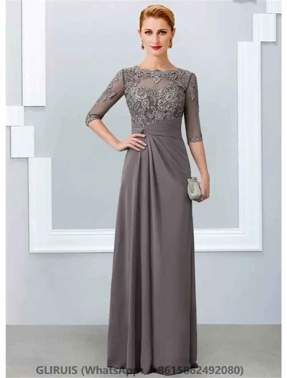 A-line Gray Mother of the Bride Dress  Jewel Neck Floor Length Chiffon Half Sleeves Appliques Lace Wedding Party Customized