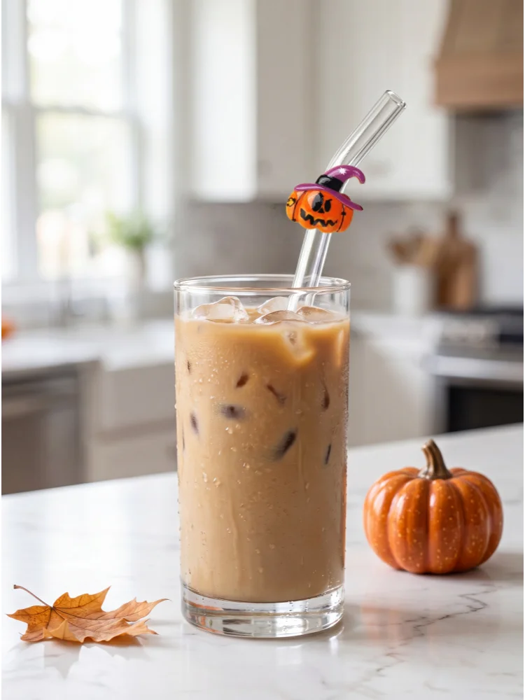 3/5PCS Glass Straw with Halloween Pumpkin Ghost Decor, Spooky Table Ornament for Hot Cold Drinks & Party Decor view 3