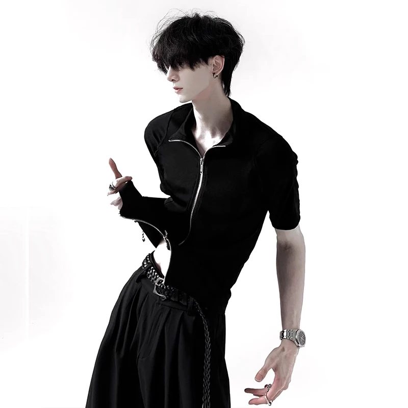 FEWQ قمصان رجالية على الطراز الكوري بياقة واقفة وسحاب تصميم بلون سادة من الحرير الجليدي وأكمام قصيرة سريعة الجفاف تي شيرت رجالي نحيف 24K4391 #2