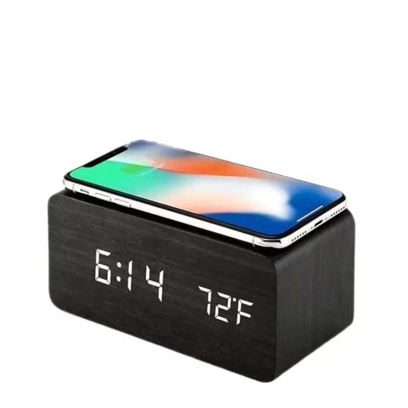 

New Fancy Multifunction Electronic Special Wood Wireless Charger Virtual Light Emitting Diode Desk Alarm Clock