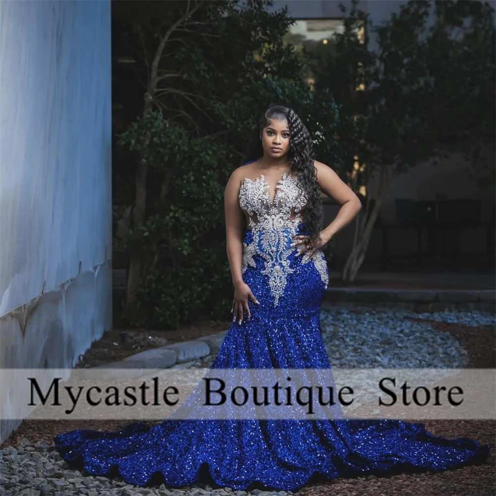 Sparkly Diamonds Royal Blue Prom Dresses 2024 For Black Girls Beads Crystals Appliques Sequins Formal Party Gown Plus Size